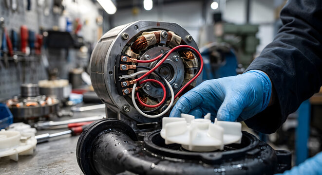 Mechanic wearing blue gloves assembling electric motor pump with white impeller in workshop bay.