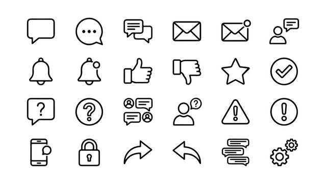 Collection of Social Media Communication Icons in a Minimalist Black Outline Vector Style