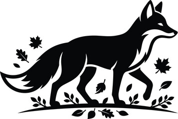 Obraz premium Fox silhouette walking among leaves and branches in black, wild animal illustration for nature, forest and wildlife design vector set