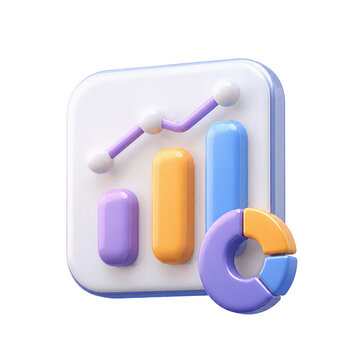 3D data visualization icon with bar chart, line graph and pie chart elements, business analytics concept