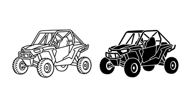 Off-Road Vehicle Line Art: Two stylized drawings of an all-terrain vehicle (ATV), one in outline and the other filled in black.