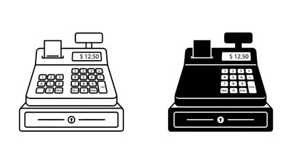 Vintage Cash Register: A classic cash register, depicted in both line art and silhouette, stands ready for transactions, showcasing its familiar buttons, receipt dispenser, and display showing $12.50. © Nazmul