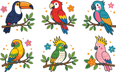 Cute tropical birds vector illustration set featuring cartoon toucan macaw parrot and cockatoo characters perched on tree branches with jungle blossoms © Rumi