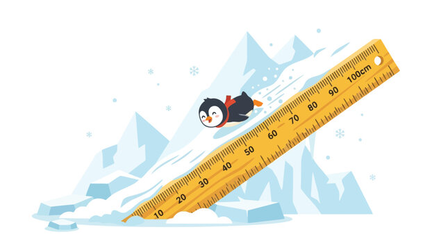Cute penguin sliding down snowy mountain on large wooden ruler measurement concept illustration