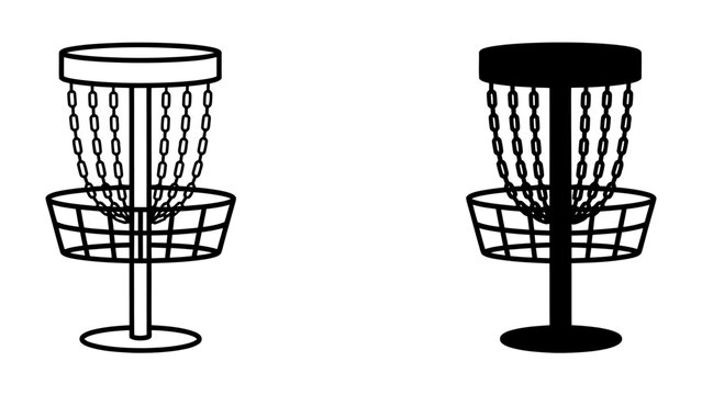 Disc Golf Basket Illustration: A clear, minimalist illustration showcasing a disc golf basket, presented in both outline and solid silhouette for versatile design application.