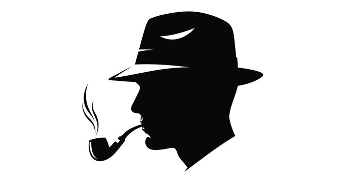 A man wearing a fedora and smoking a pipe is depicted in a black silhouette figure person male gentleman smoker