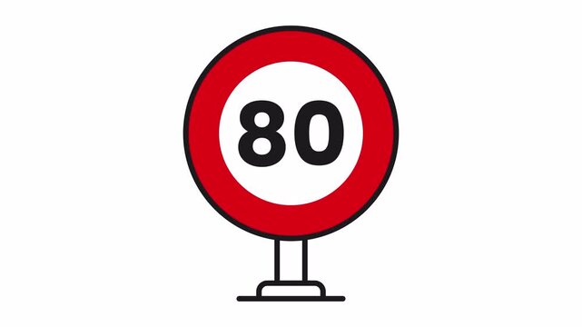 80 kmh speed limit traffic sign icon animation with transparent background, alpha channel, 4k video.