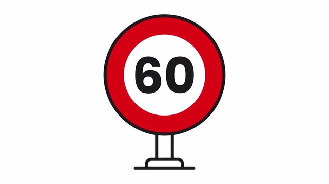 60 kmh speed limit traffic sign icon animation with transparent background, alpha channel, 4k video.