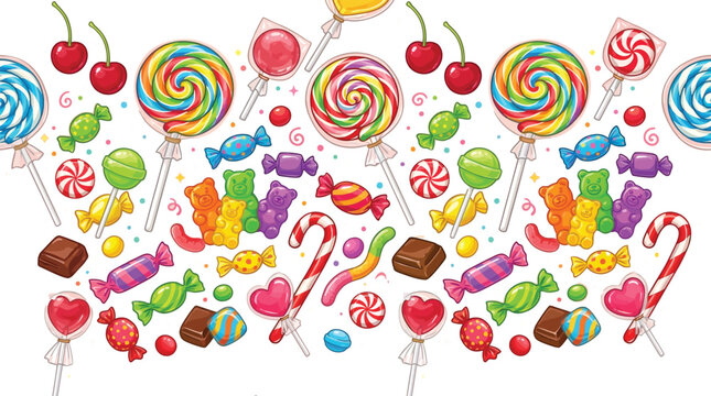 Colorful candy and sweets pattern with lollipops and chocolates on display