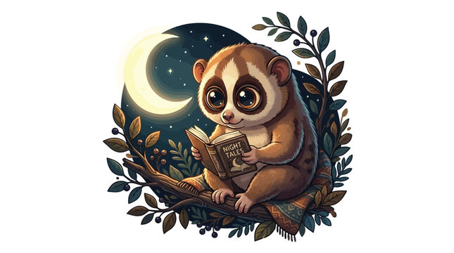 Cute loris animal sitting on a tree branch reading a book at night under moonlight illustration