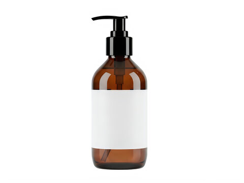 Brown glass soap bottle with black pump and blank label mockup