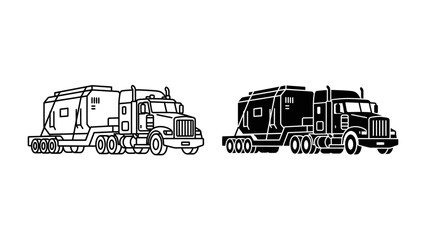 Garbage Truck Illustration: A detailed illustration of a garbage truck, presented in both line art and silhouette, showcasing its robust design and functional components. © Hasina