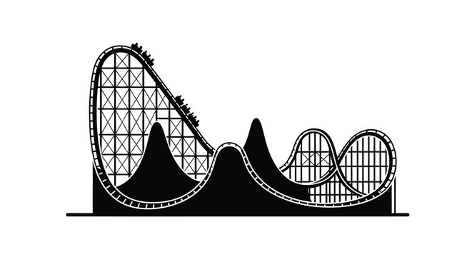A black silhouette of a roller coaster with looping tracks and support structures against a white background silhouette rollercoaster amusement