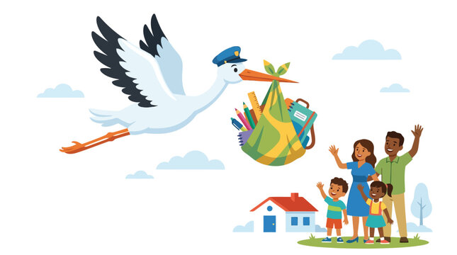 Stork carrying school supplies in bundle flying over happy family in front of suburban house