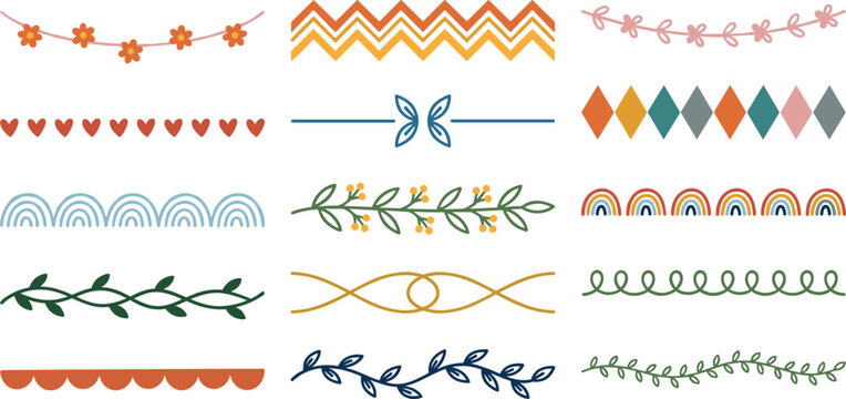 Decorative borders and divider lines vector set featuring hand drawn laurels leaves flowers hearts rainbows chevrons and geometric patterns for card decoration