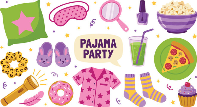 Pajama party elements vector illustration set with cute sleepover objects including star pillow slippers mask pajamas popcorn pizza donut cupcake and socks