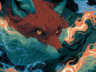 Fototapeta premium Enigmatic Fox Illuminated by Neon Flames with Glowing Amber Eyes in a Swirling Dreamscape