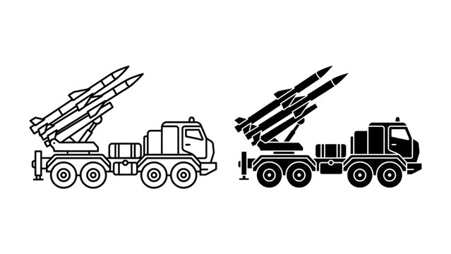 Missile Launcher Truck Set: A set of two icons depicting a mobile missile launcher truck, one in outline and one in solid black, ready for deployment.