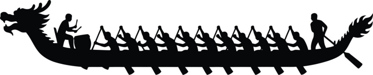 Black silhouette of a traditional chinese dragon boat with a team of rowers paddling and a drummer performing during a competitive racing event on the water © Jannatul