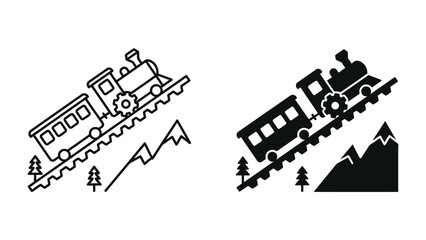 Mountain Train Journey: A charming steam train navigates a steep mountain track, with carriages chugging uphill alongside pine trees and rocky peaks, depicted in both line art and silhouette style. © maliha