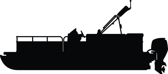 Black silhouette of a pontoon boat for recreation and leisure water travel on a lake or river featuring a motor and side railings for safety and family fun trips © Jannatul