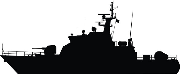 Black silhouette of a modern military patrol boat with radar and deck guns on the ocean © Jannatul