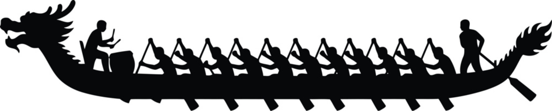 Black silhouette of a traditional chinese dragon boat with a team of rowers paddling and a drummer performing during a competitive racing event on the water