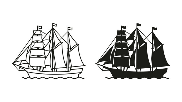 Sailboat Duo: Two classic sailing ships, one outlined and one silhouetted, glide across the water, representing journey and adventure.