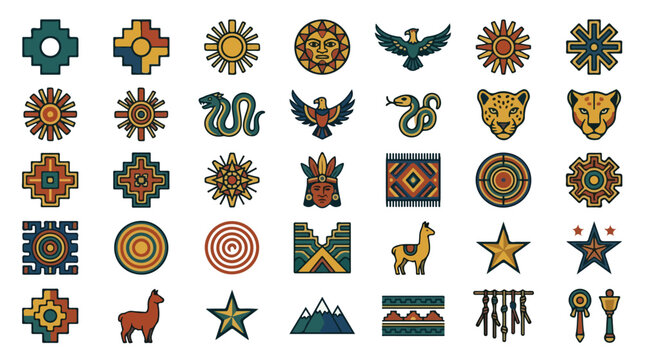 Collection of Indigenous South American Symbols and Icons Featuring Geometric Patterns Sun Animals Llamas Eagles Snakes and Cultural Motifs Representing Ancient Civilizations