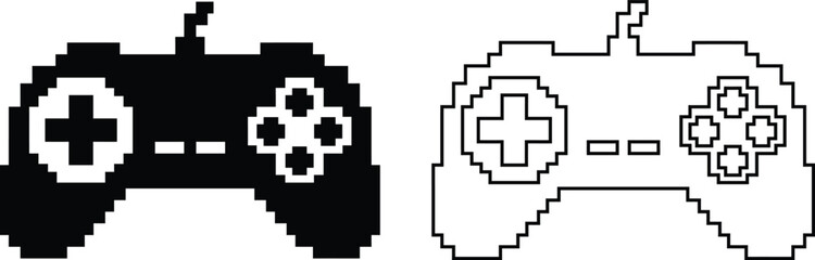 Pixel art game controller icon with joystick in black and white, retro 8 bit gamepad symbol for video game console, arcade gaming and technology design © Shafi Ullah