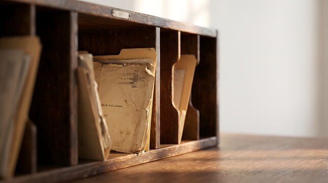 Close up of vintage wooden desk organizer containing old aged documents and manila folders in warm sunlight