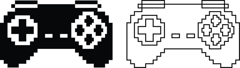 Game controller icon in pixel art style, black and white gamepad joystick design for video game console, retro arcade gaming and technology concept © Shafi Ullah