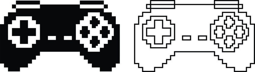 Pixel art game controller icon set in black and white, retro 8 bit gamepad joystick symbol for video game console, arcade gaming and technology design © Shafi Ullah