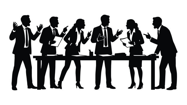 Black silhouettes of businesspeople arguing around a table