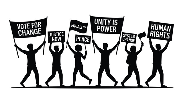 Black silhouettes of people holding protest signs