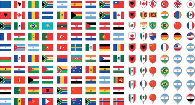 World Flags Vector Icon Set with Rectangular National Standards Shield Badges Circular Round Buttons and Map Pin Location Elements for Global Communication