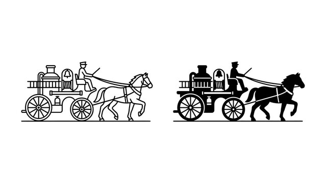 Antique Fire Truck and Horse Illustration: A historical illustration depicts a horse-drawn fire engine, showcasing early firefighting technology and the diligent effort of the firefighter.