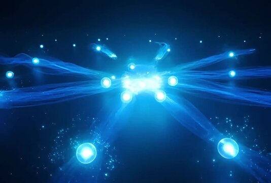 Futuristic blue energy particles with glowing light trails, abstract digital data network motion, high-tech fiber optic communication background