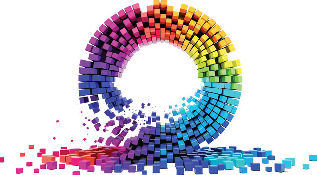Abstract 3D circular frame template made of exploding multi colored gradient pixels disintegrating into scattered cubes