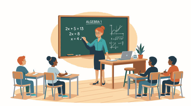 Illustration of a teacher standing in front of a classroom with students sitting at desks, writing on a chalkboard with algebra equations in a cartoon style with a clean and educational
