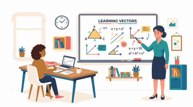 A woman teacher pointing at a presentation on a screen while a student works on a laptop at a desk in a classroom with educational posters and a clock on the wall with a clean and organized