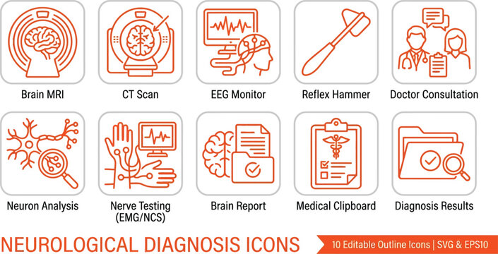 Professional medical icons for neurological diagnosis including brain scans and reports.