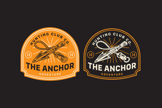 Hunting spear anchor retro badge design for adventure. Set collection of vintage Tether anchor with pointed spear badge. Hunting rustic emblem logo with Ground anchor with tether loop illustration
