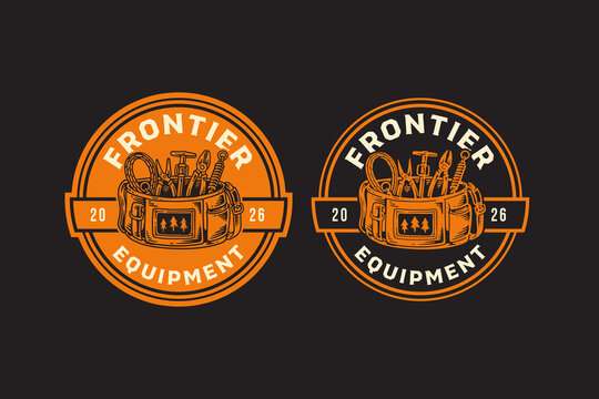 Hunting gear bag retro badge design for outdoor. Set collection of vintage Hunting tool bag with wilderness accessories badge. Survival equipment bag rustic emblem logo with hunting tools illustration
