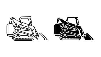 Compact Track Loader Icon: A set of two icons depicting a compact track loader, one in outline and one in solid black, showcasing its utility and functionality in construction and landscaping. © maliha