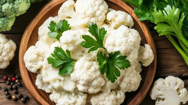 selective focus mashed cauliflower on rustic wooden surface with herbs