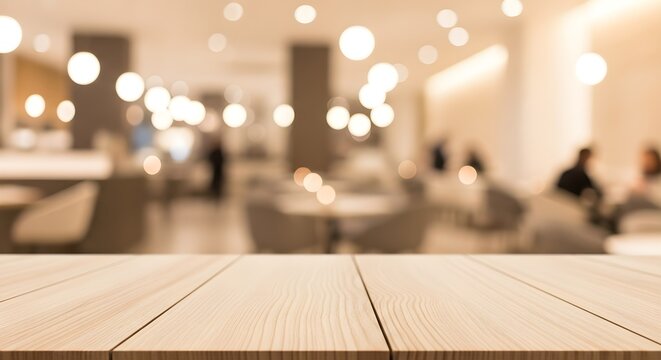 Empty wooden table top with blurred background of a modern cafe or restaurant interior with bokeh lights.