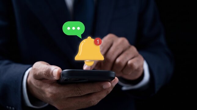 Businessman holding smartphone with 3d notification bell and chat bubble icon, social media reminder concept


