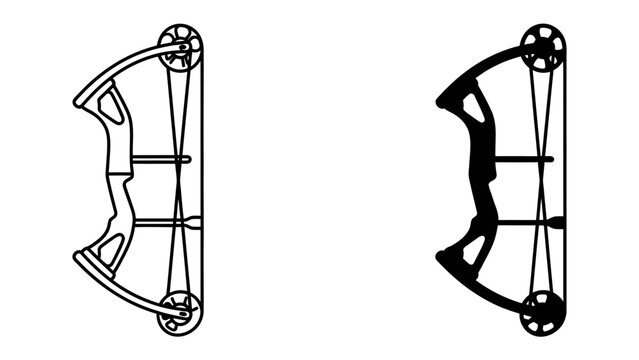 Compound Bow Line Art: A pair of detailed line art illustrations showcasing a modern compound bow, one in outline and the other in solid black silhouette.