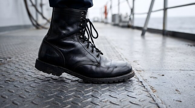 A close-up of a black leather boot standing on a metal deck with a sea in the background. The boot is well-worn, suggesting a journey or work has been done.